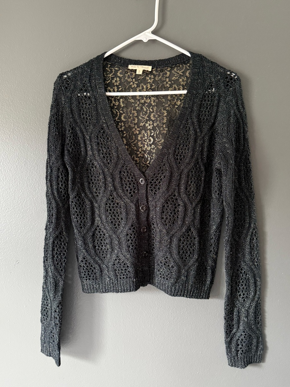 Hem & Thread Black Open-Knit V-Neck Cardigan Sweater